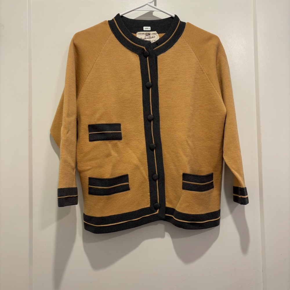 Vintage Cadillac Venezia Wool Cardigan Sweater Mustard Yellow Grey Italy Sz 12